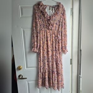 Small Zara Ruffled Floral Print Midi Dress Pink Flowy Boho